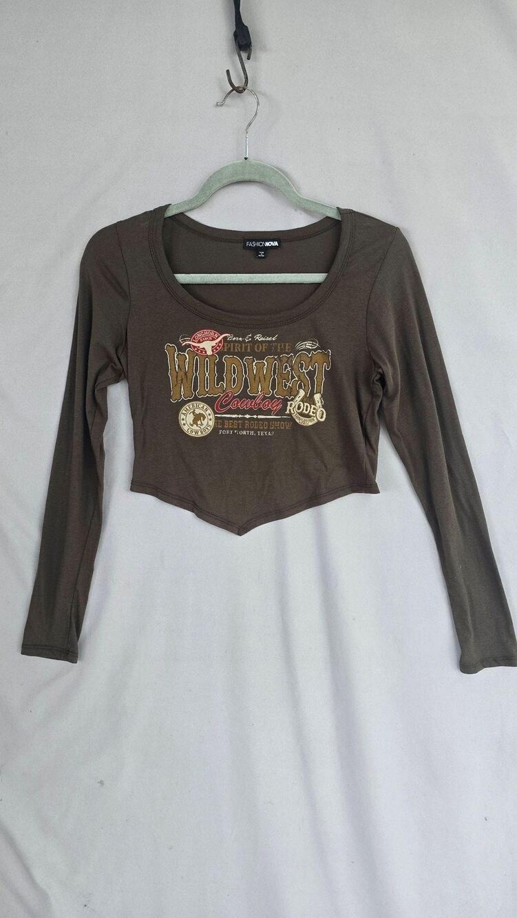 Fashion Nova Shirt Womens Large Wild West Cowboy Rodeo Long Sleeve Crop Top